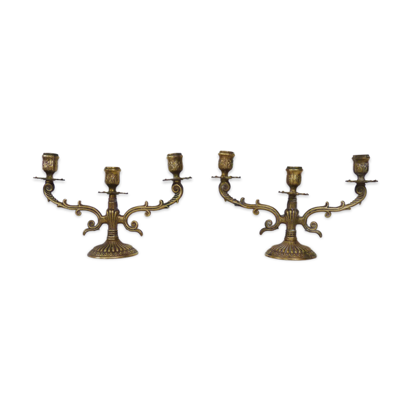 Paire d'anciens bougeoirs à 3 branches en bronze, année 50/60 — Beyit