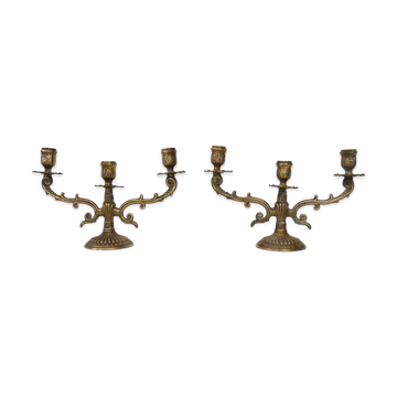 Paire d'anciens bougeoirs à 3 branches en bronze, année 50/60