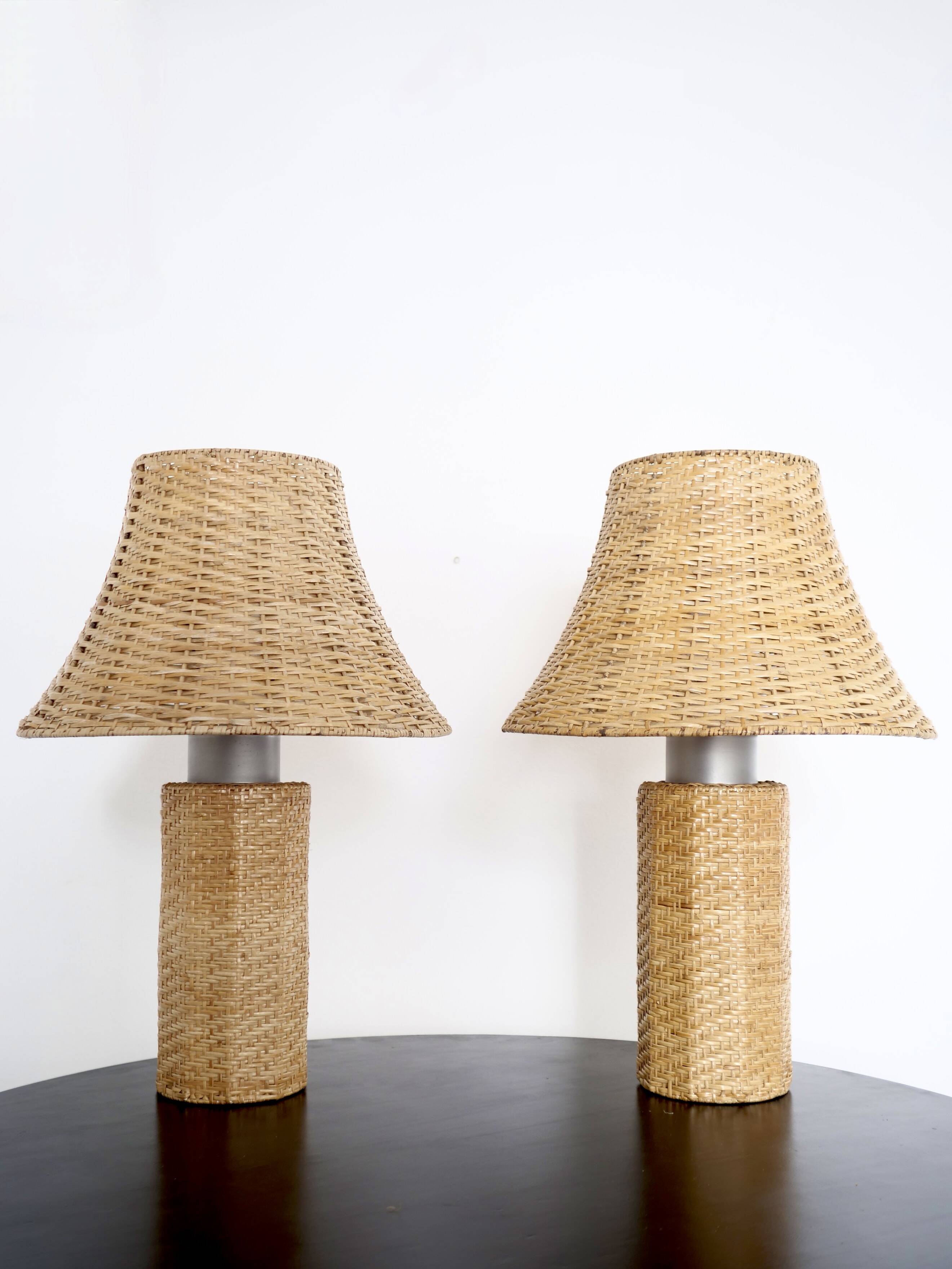Pair of large Scandinavian rattan lamps from the 80s