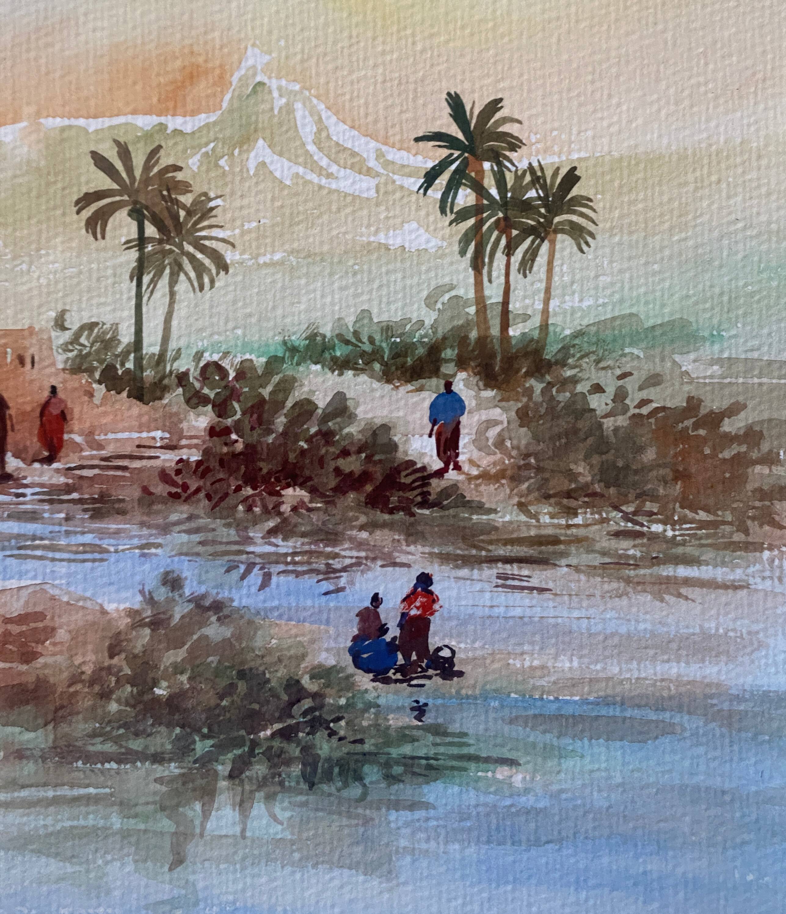 Watercolor painting "animated Orientalist landscape" signed (to decipher) + frame