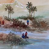 Watercolor painting "animated Orientalist landscape" signed (to decipher) + frame