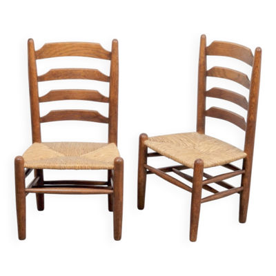 Ensemble de chaises en bois et en osier de style brutaliste inspiré par Charlotte Perriand, années 1960, ensemble de 2.