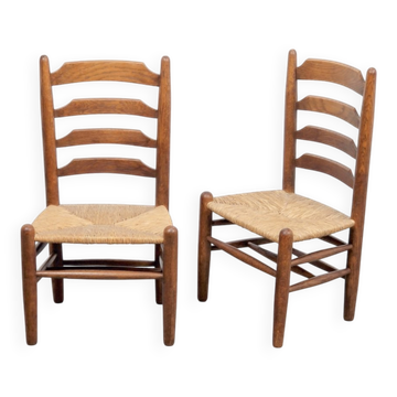Ensemble de chaises en bois et en osier de style brutaliste inspiré par Charlotte Perriand, années 1960, ensemble de 2.