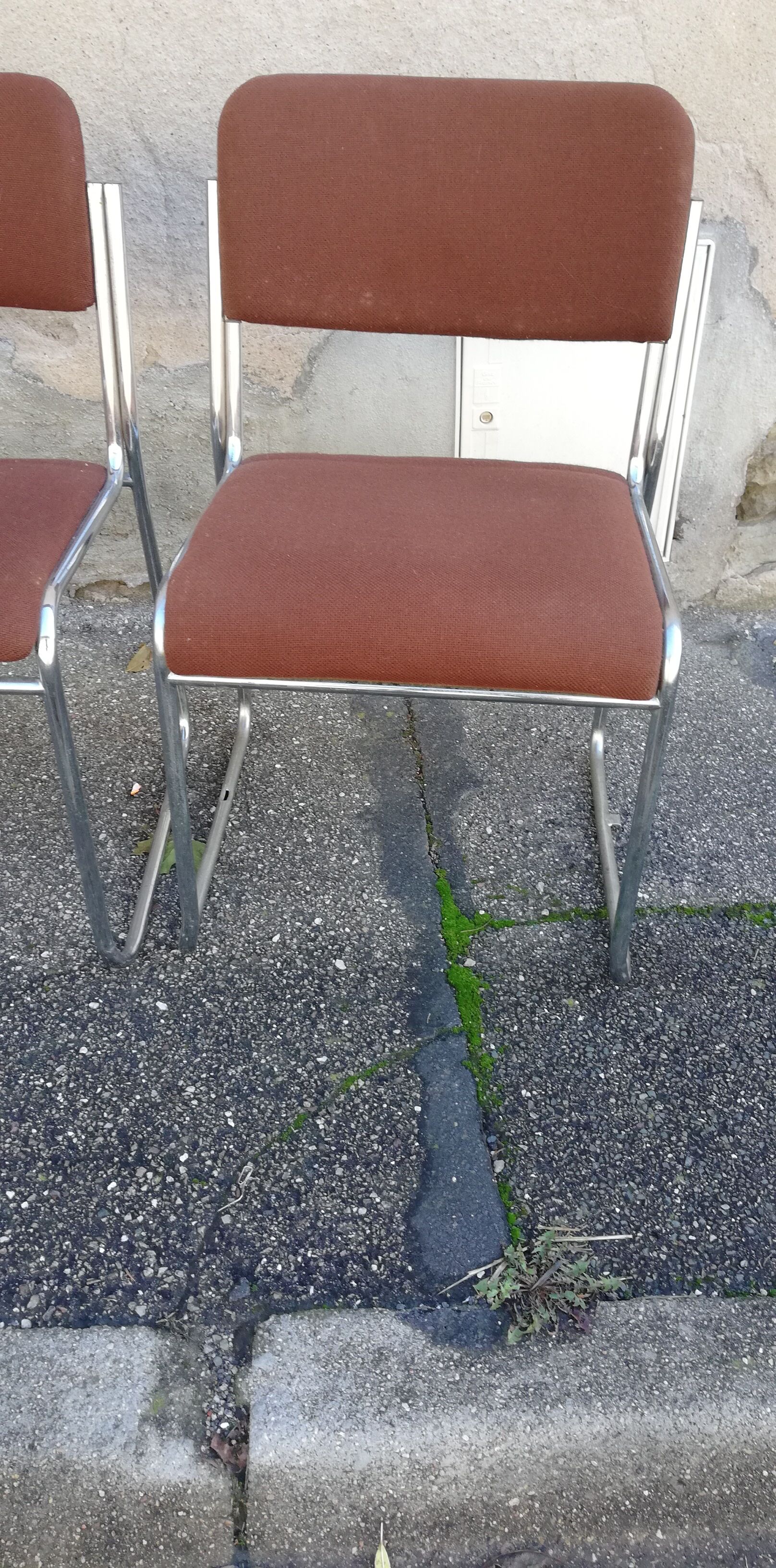 Set de 4 chaises vintage chrome et tissu marron
