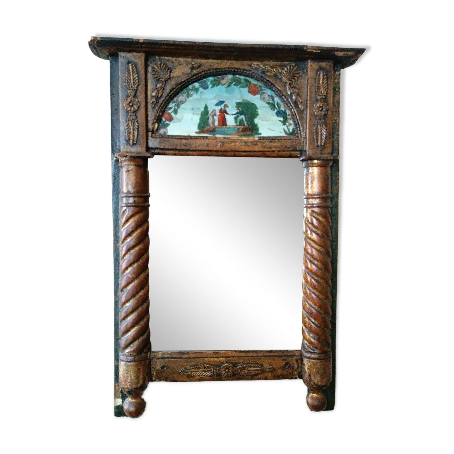 Small antique Empire mirror in gilded wood painted on glass