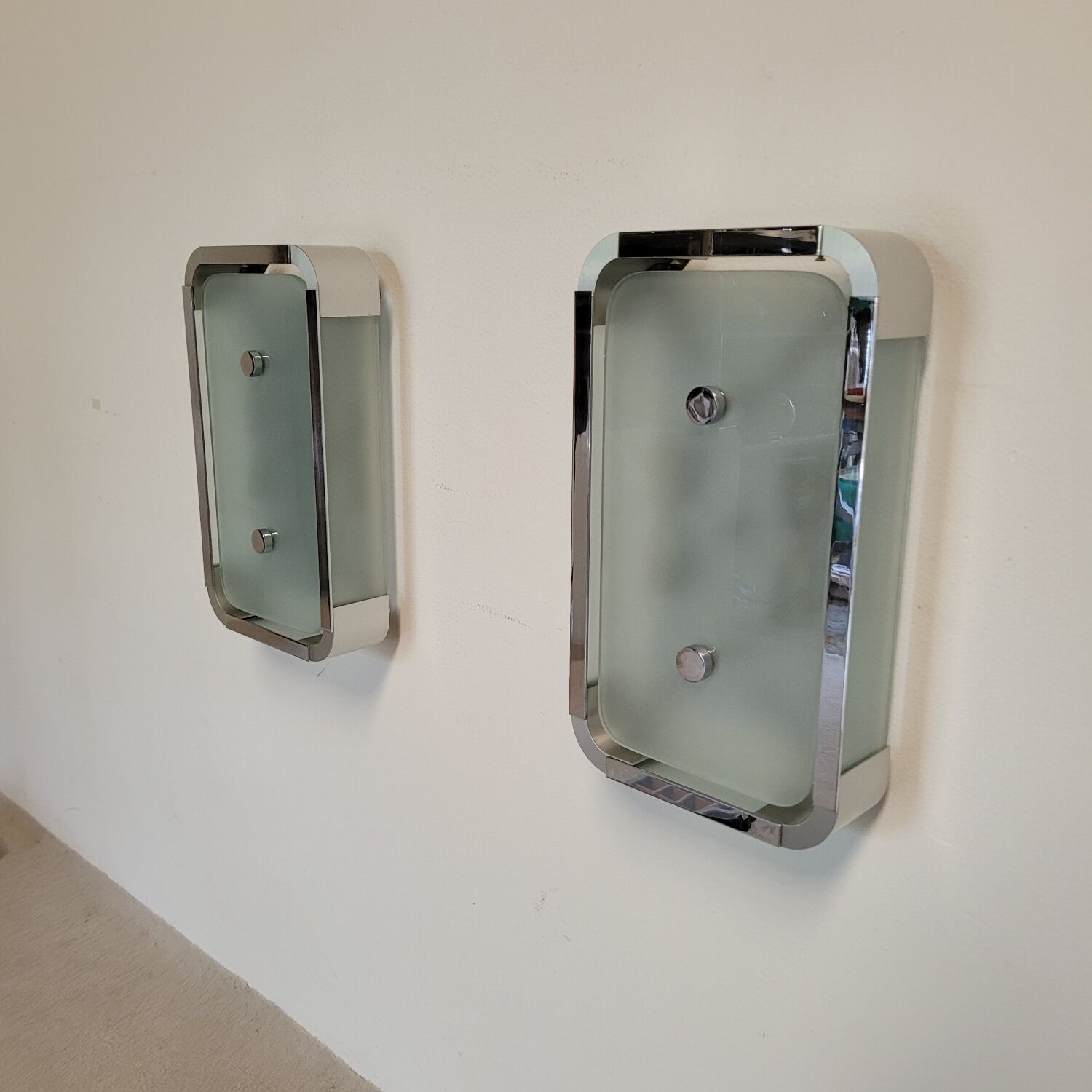 Pair of vintage sandblasted glass and chrome wall lights, 1970s