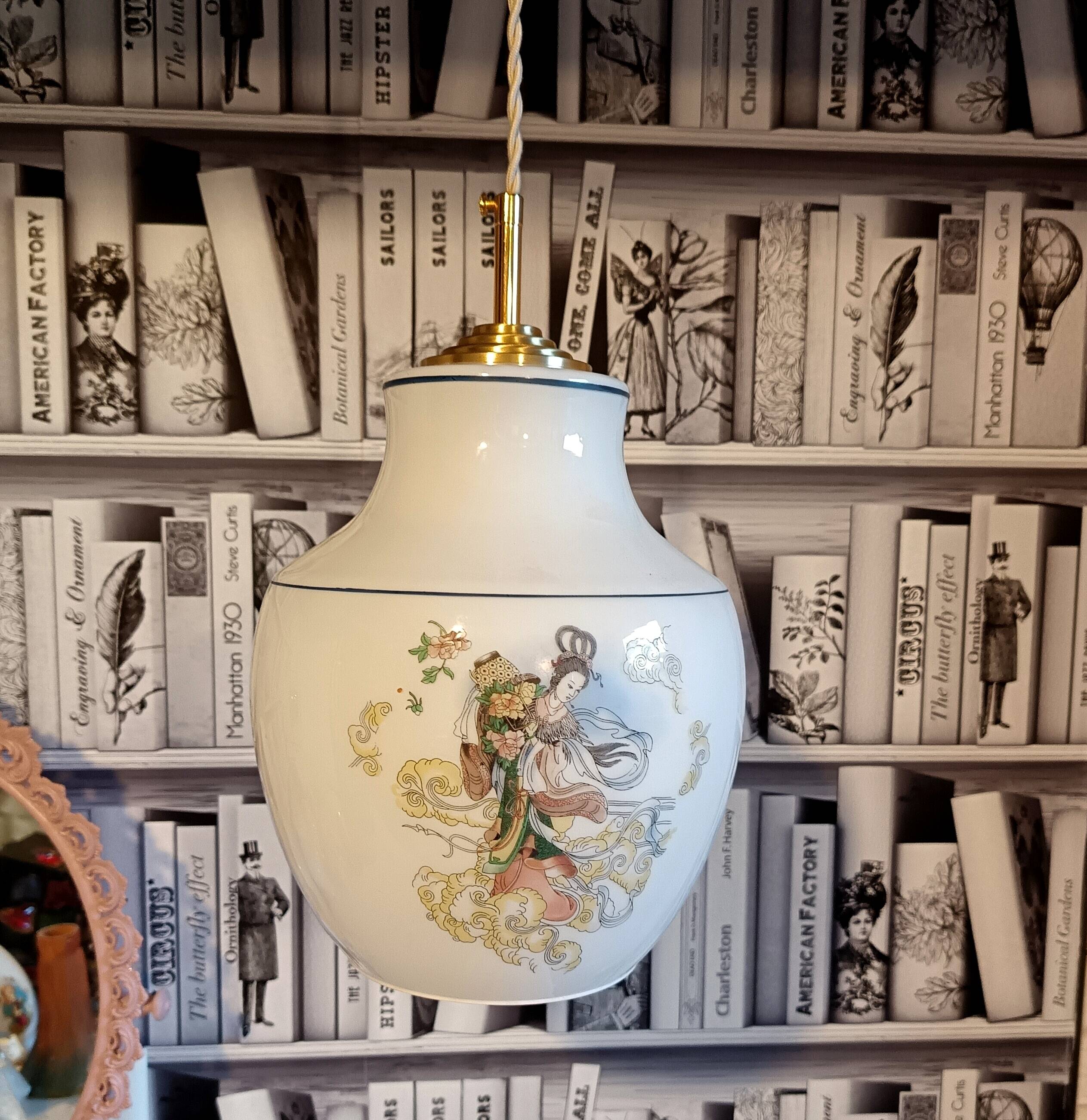 Vintage opaline glass pendant, multicoloured geisha patterns 1960, Anouck
