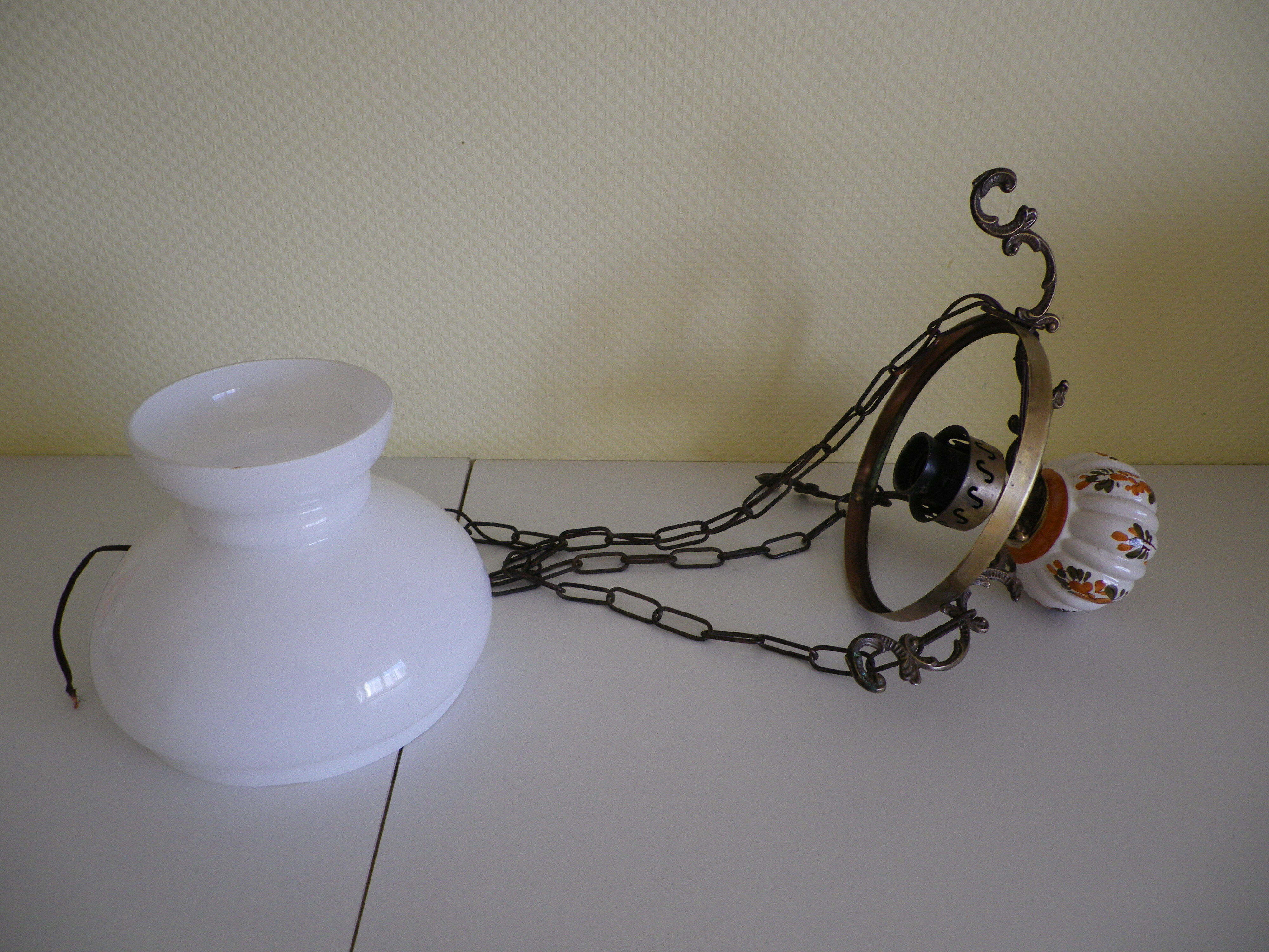 Hanging lamp of the 1950s, white opaline shade and porcelain decoration
