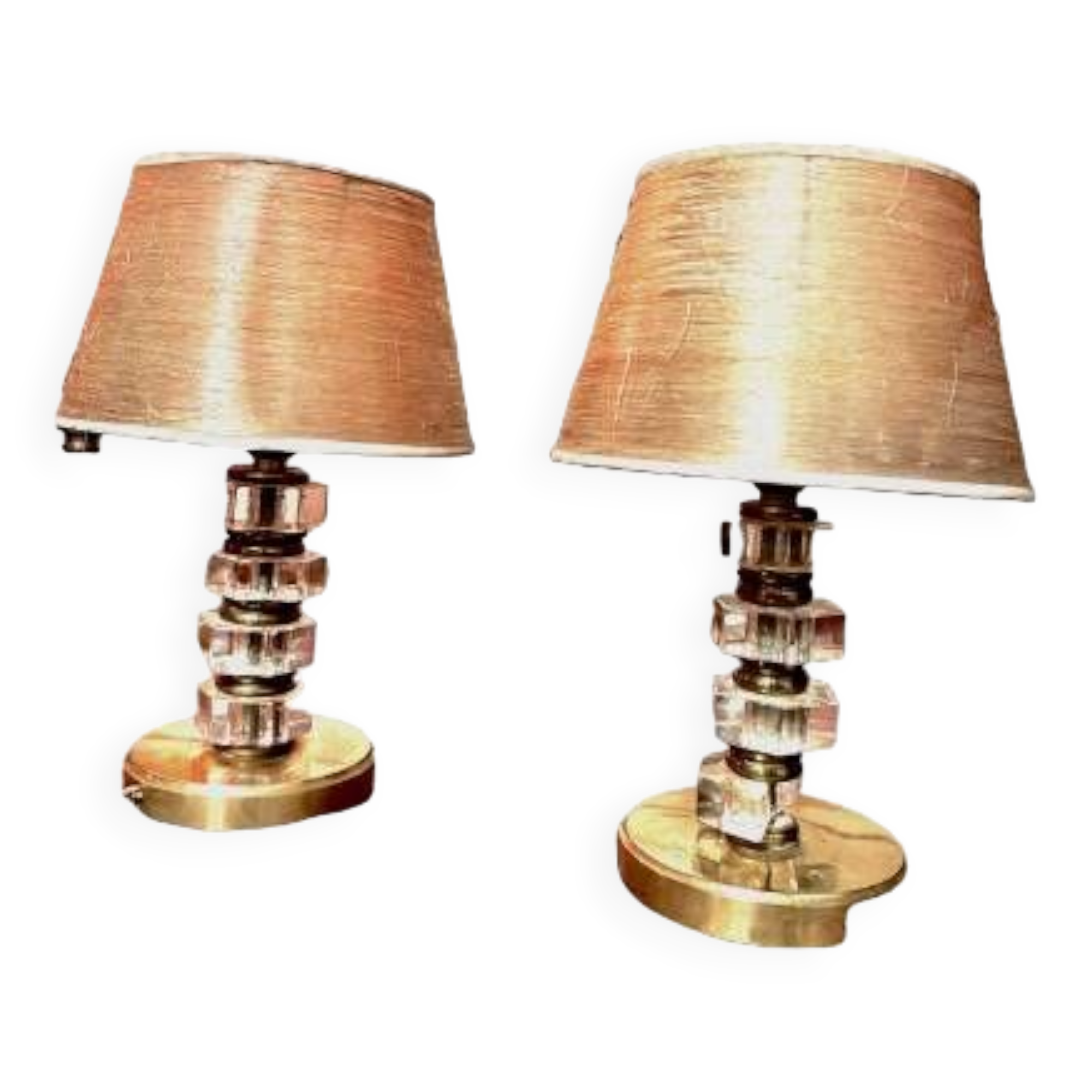 Pair of brass & lucite bedside lamps, France, Mid-Century