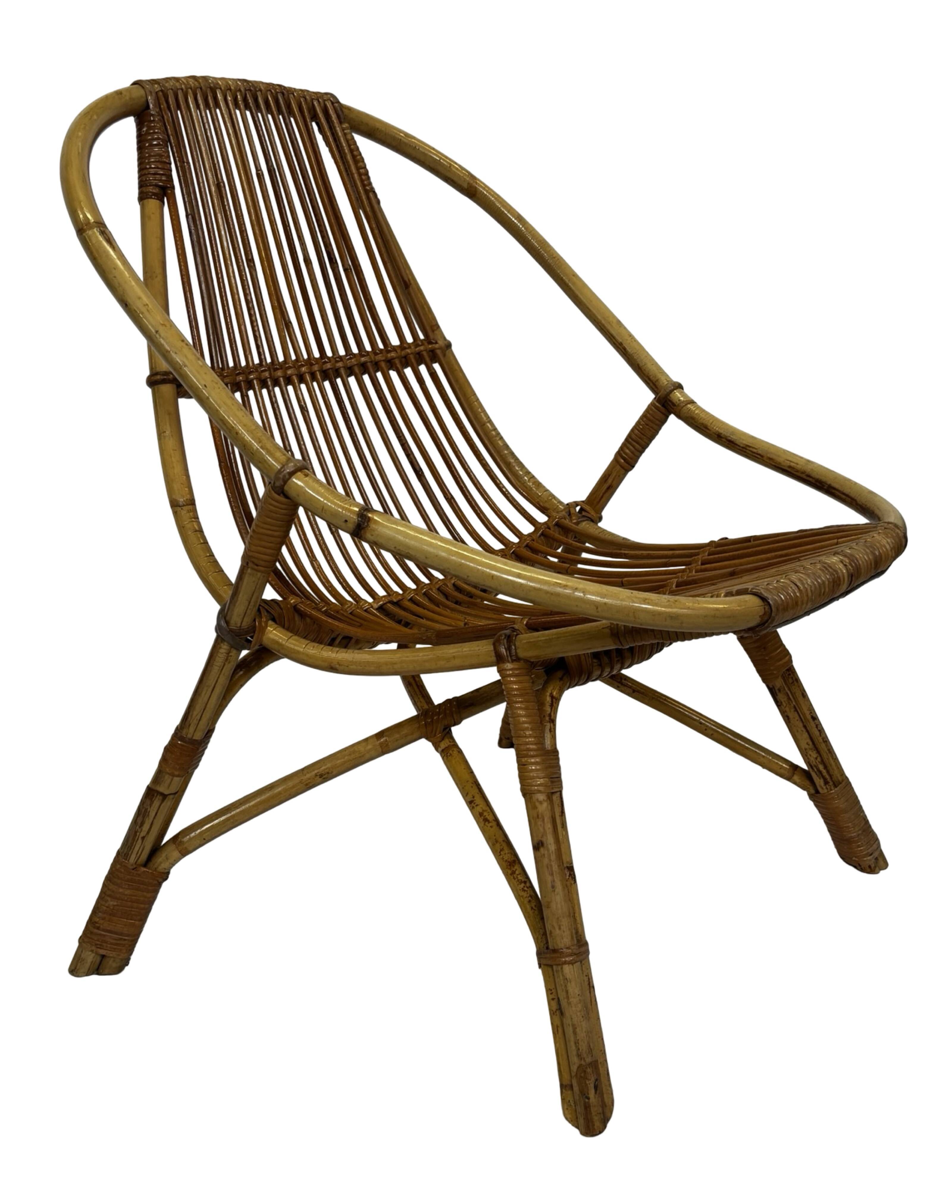 Ensemble vintage de 4 fauteuils club en rotin Rohe Noordwolde 1960