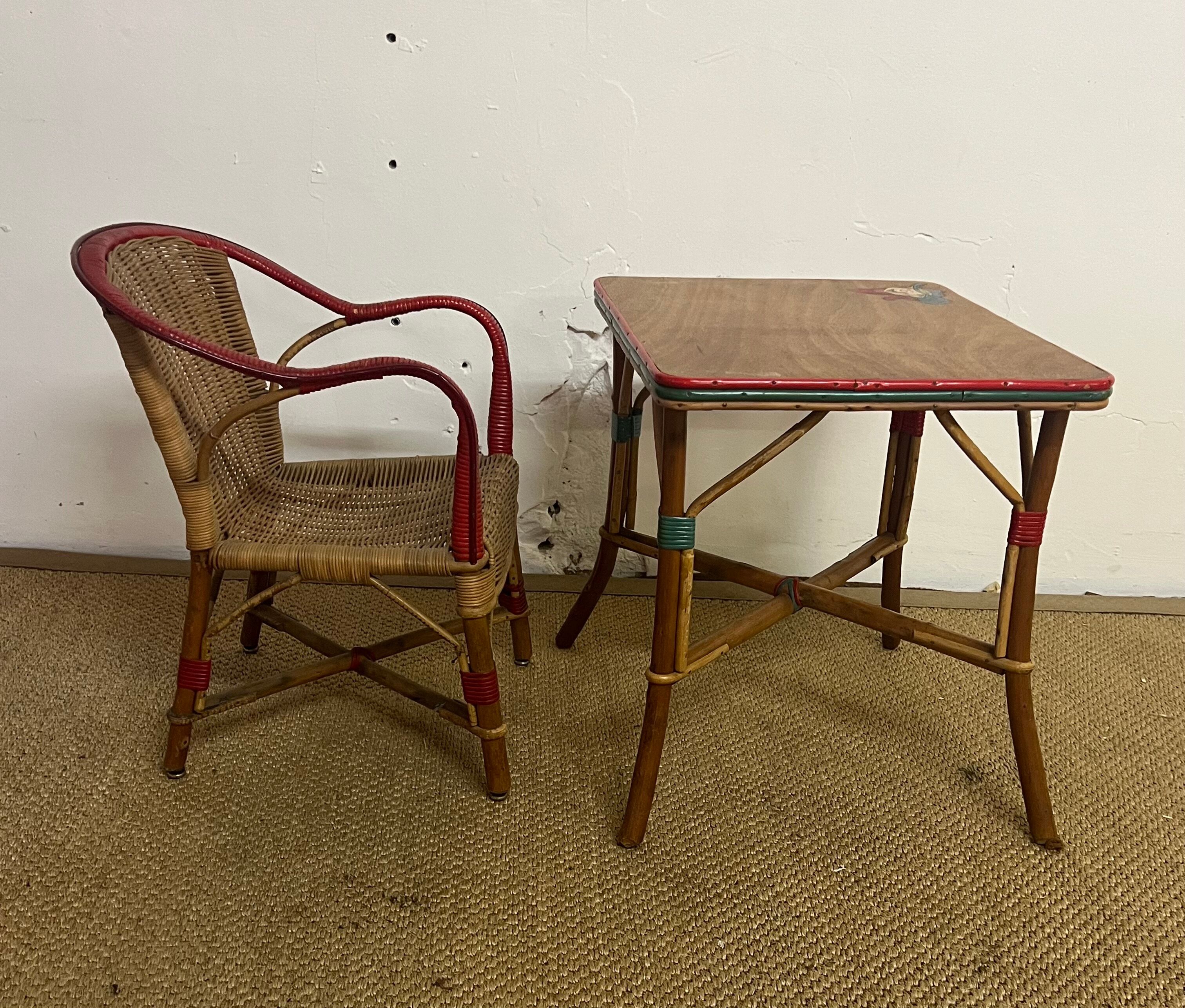 Ensemble table et fauteuil en rotin enfants