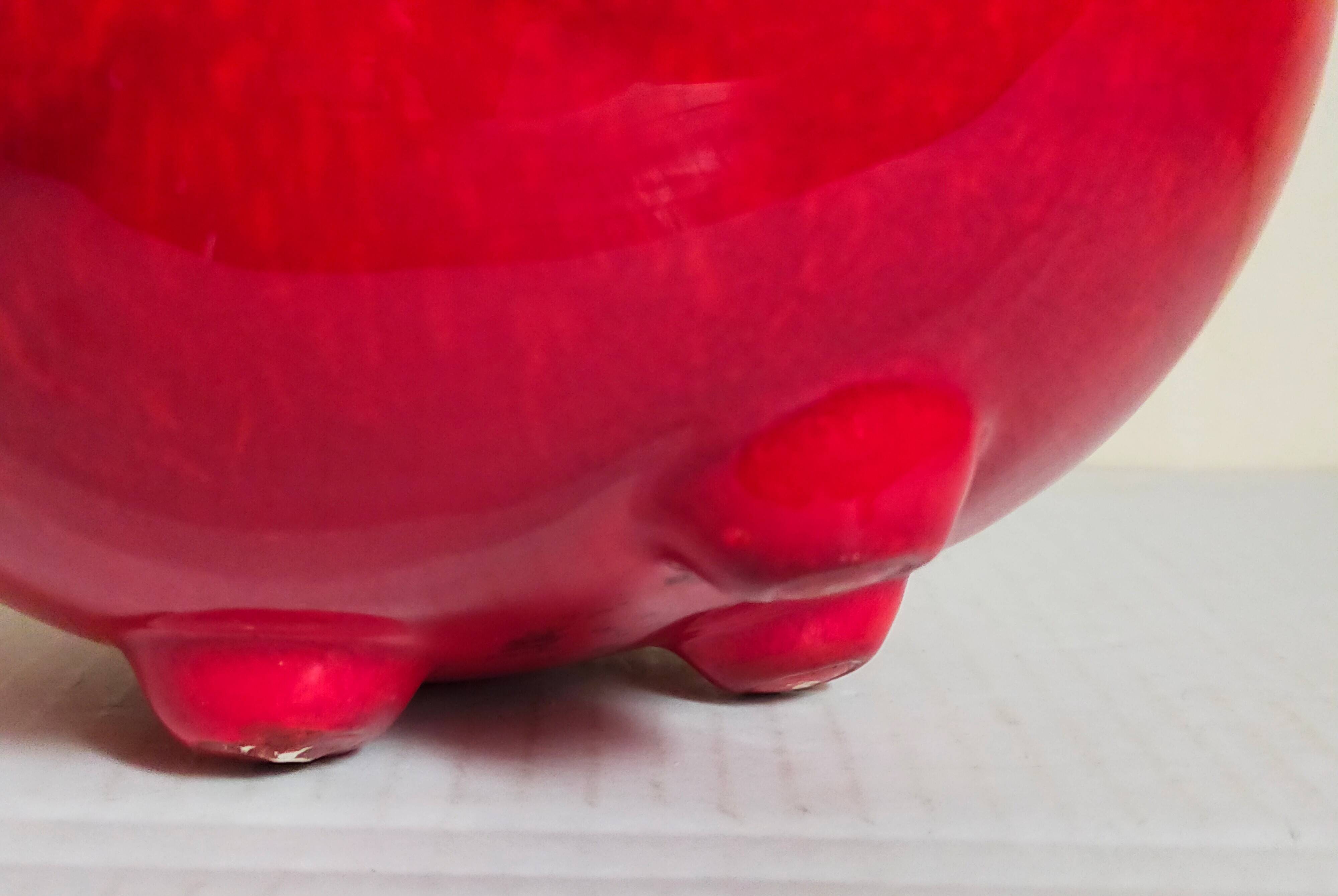 Vintage bright red enamel ceramic tripod vase