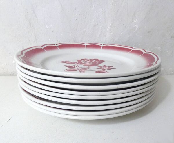 9 assiettes plates en faïence FB Digoin rose