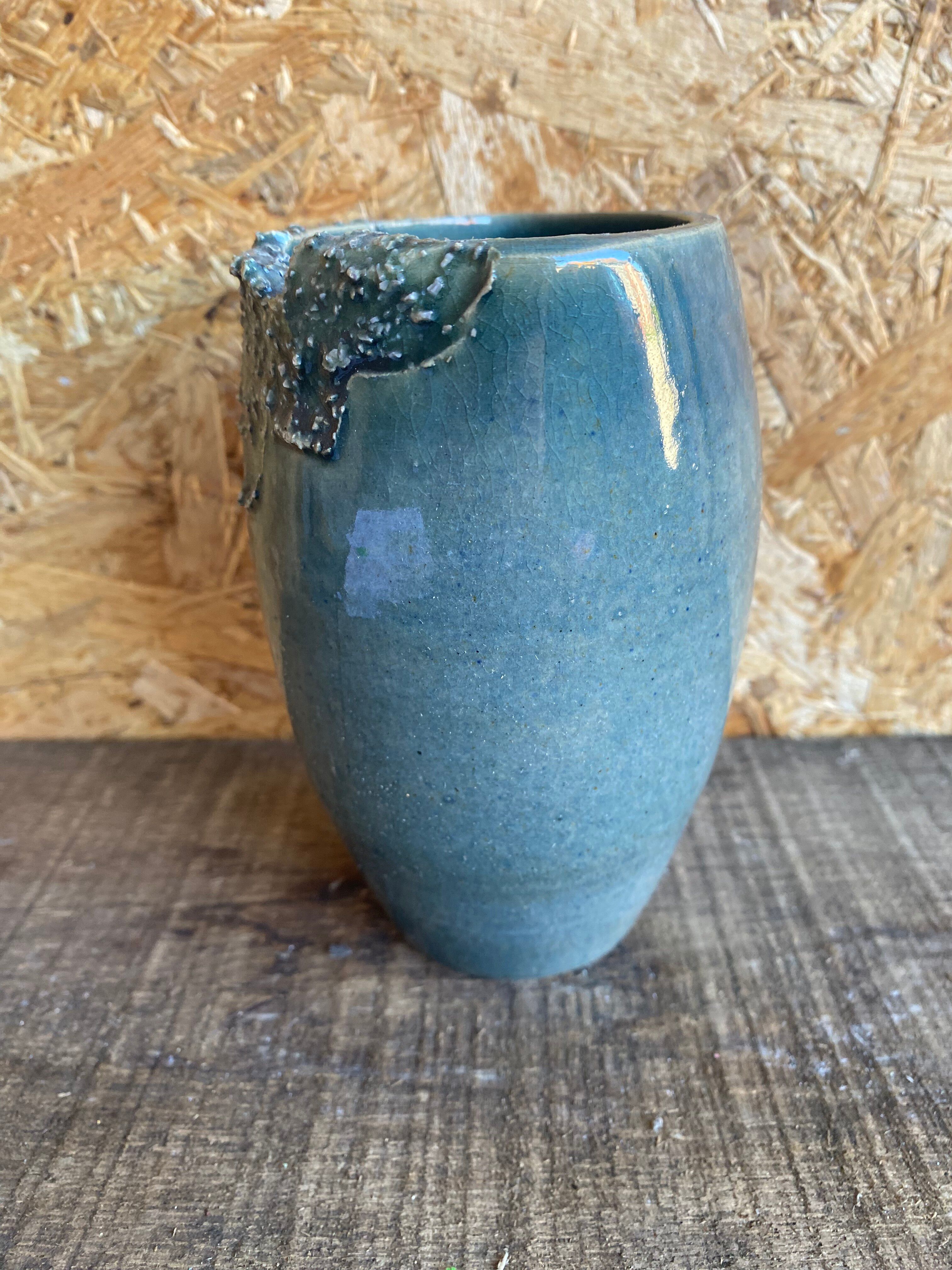 Ancient Vase JACKY COVILLE Glazed Stoneware Blue Vintage #D987