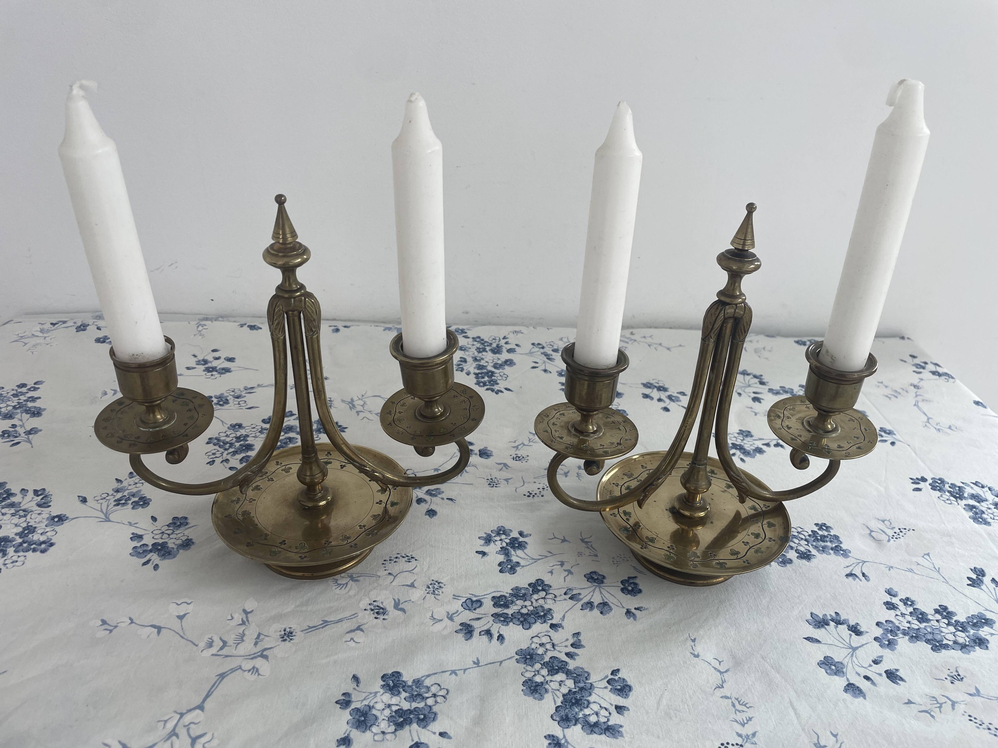 Pair of candlesticks, gilded and enamelled brass, Art Nouveau, early 20th century