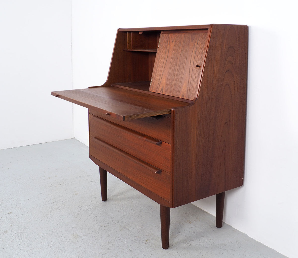 Danish teak secretaire with mirror and pull out desk, 1960s Danish teak secretaire with mirror