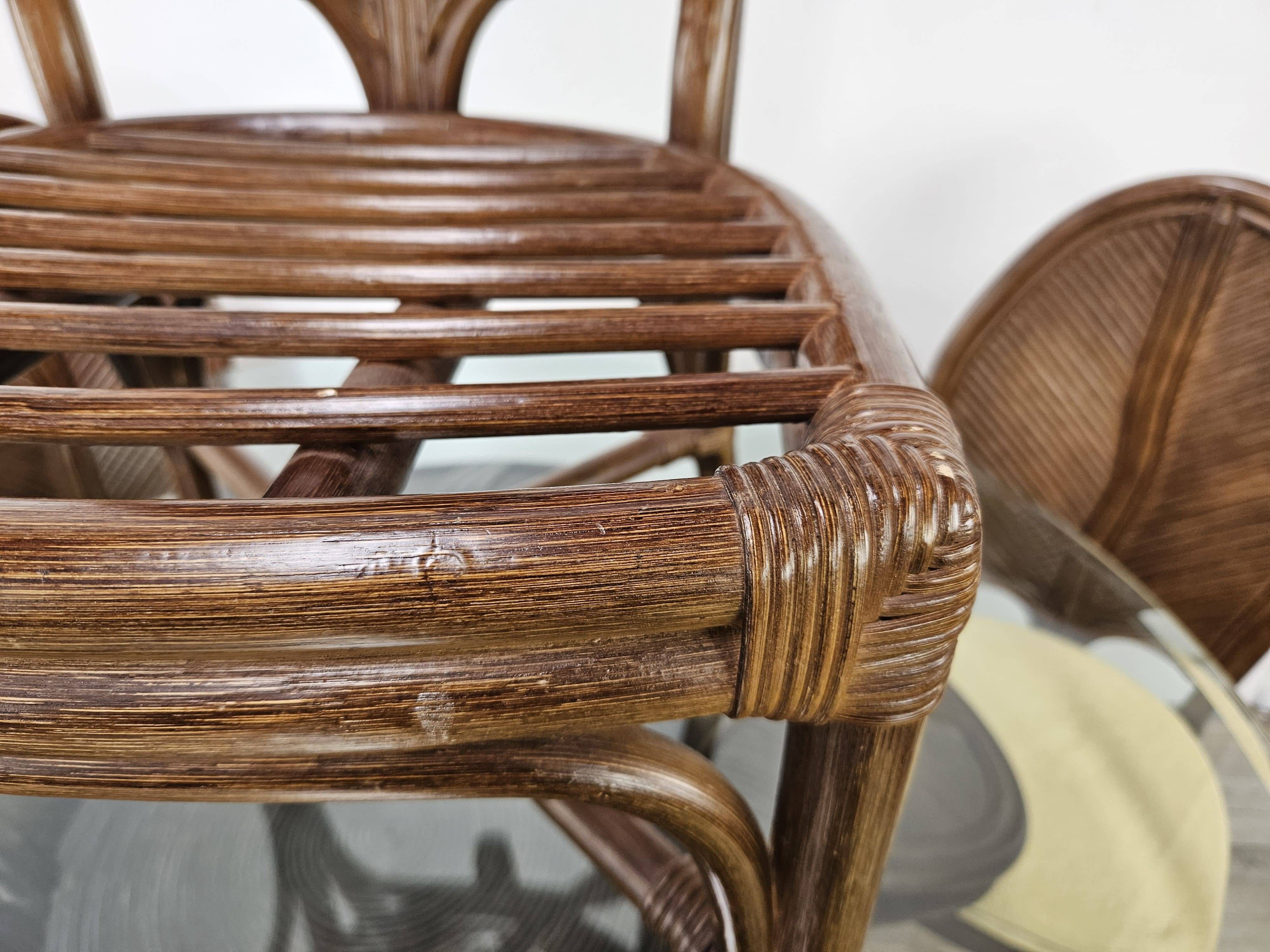 Ensemble table et quatre chaises en osier et bambou par Vivai Del Sud, 1970