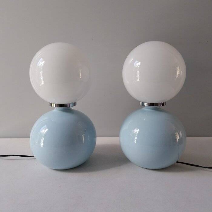 Italian ceramic table lamps with opaline glass shades.