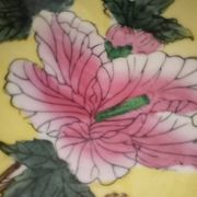 A pair of vintage Chinese decorative plates with floral designs on a yellow background.