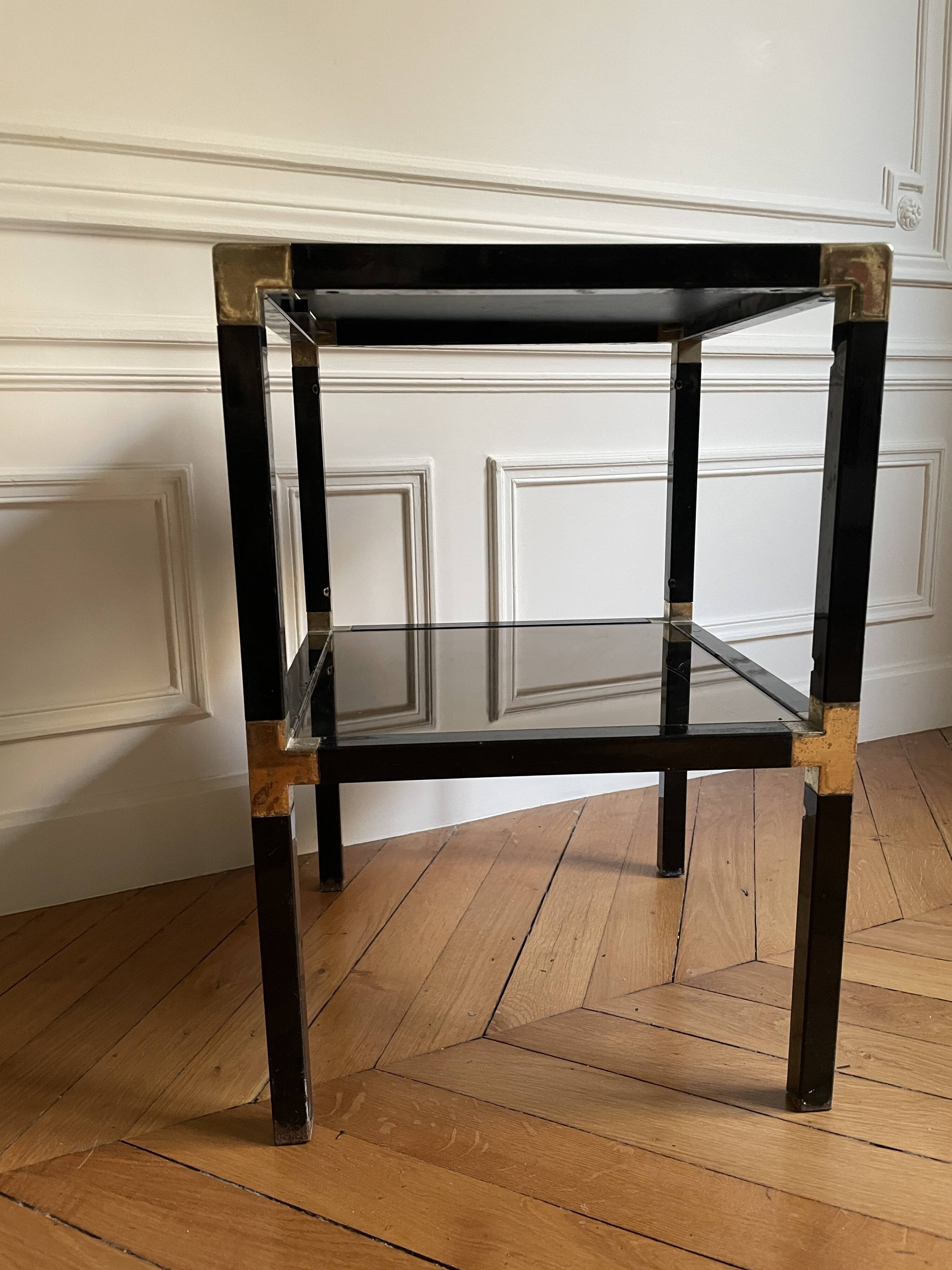 Pair of vintage metal and smoked glass side tables