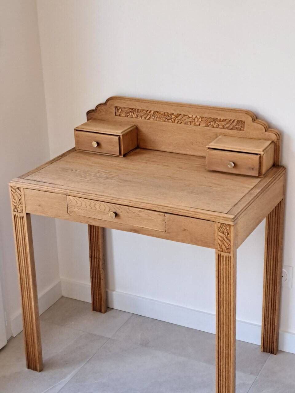 Art Deco oak desk, stripped finish, console size, 3 drawers.