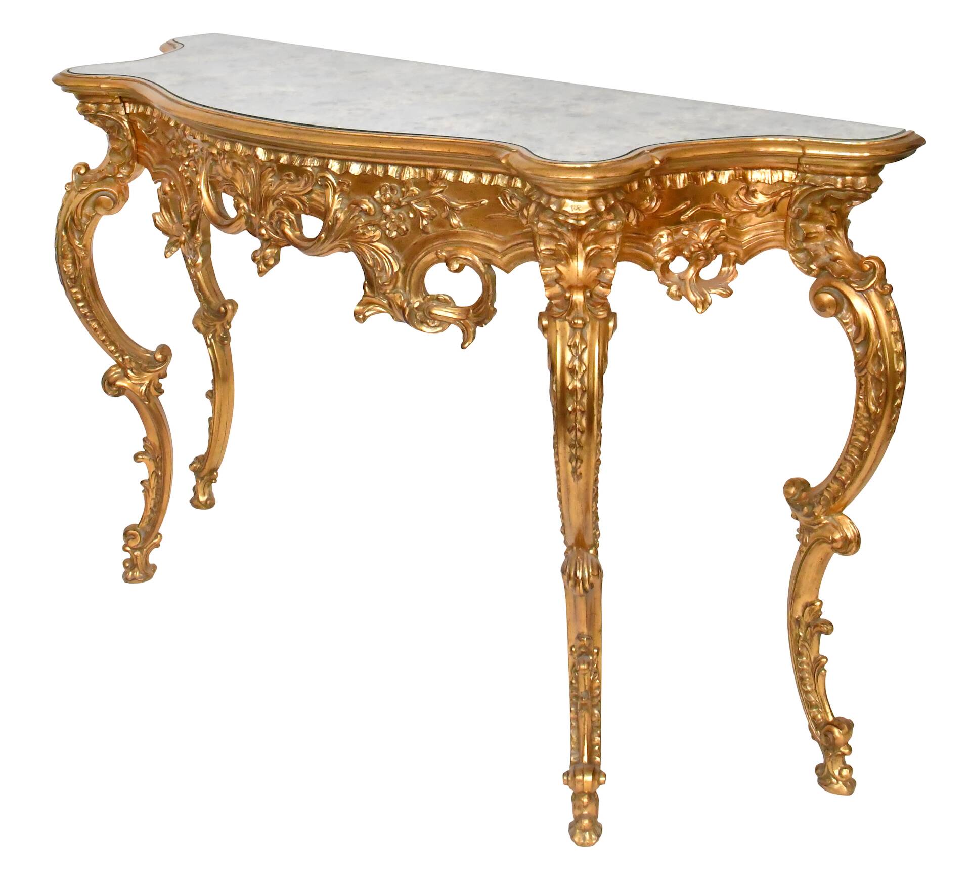 Console with a gilded wooden mirror.