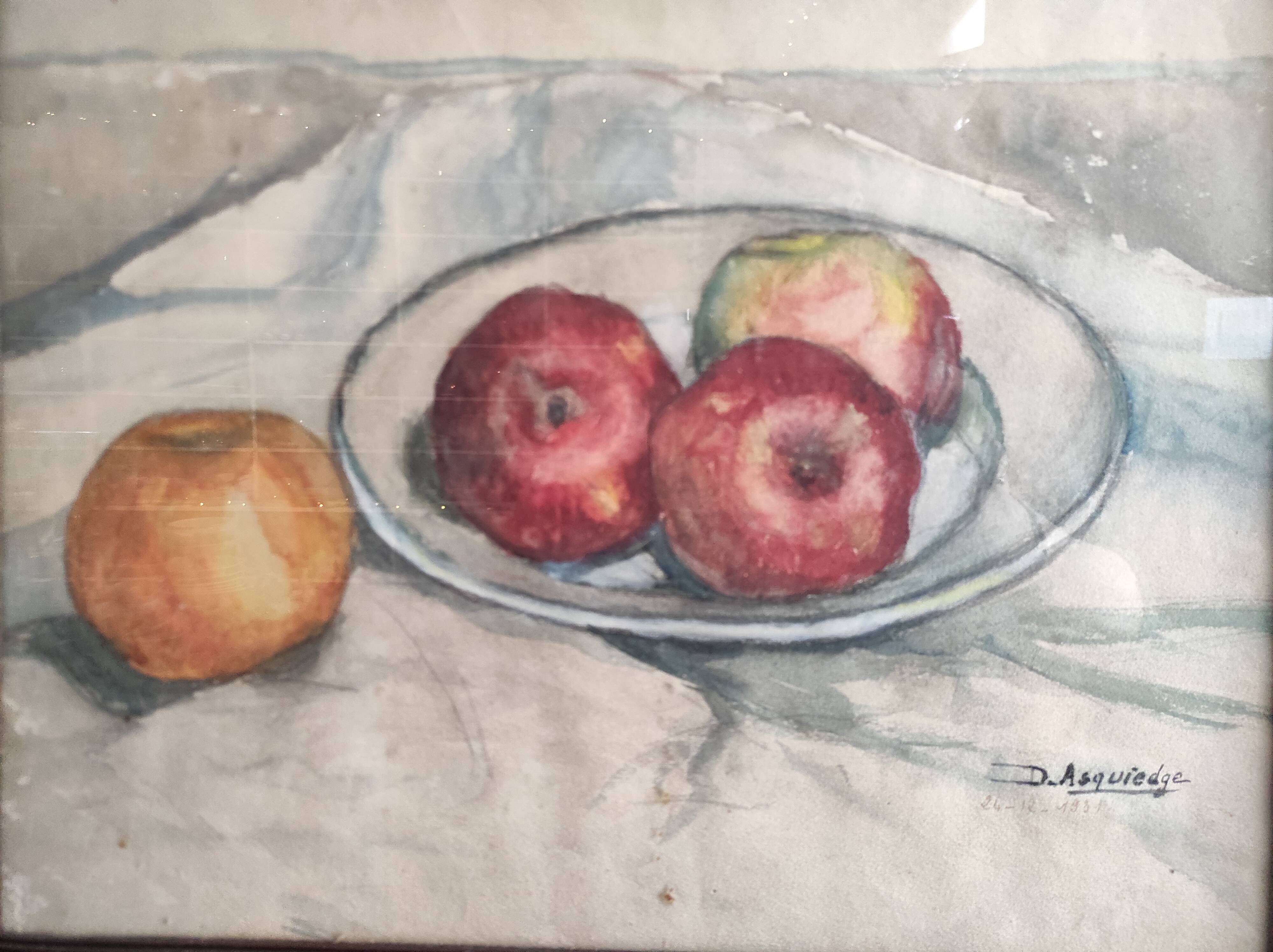 Nature morte française vintage à l'aquarelle, signée Asquiedge