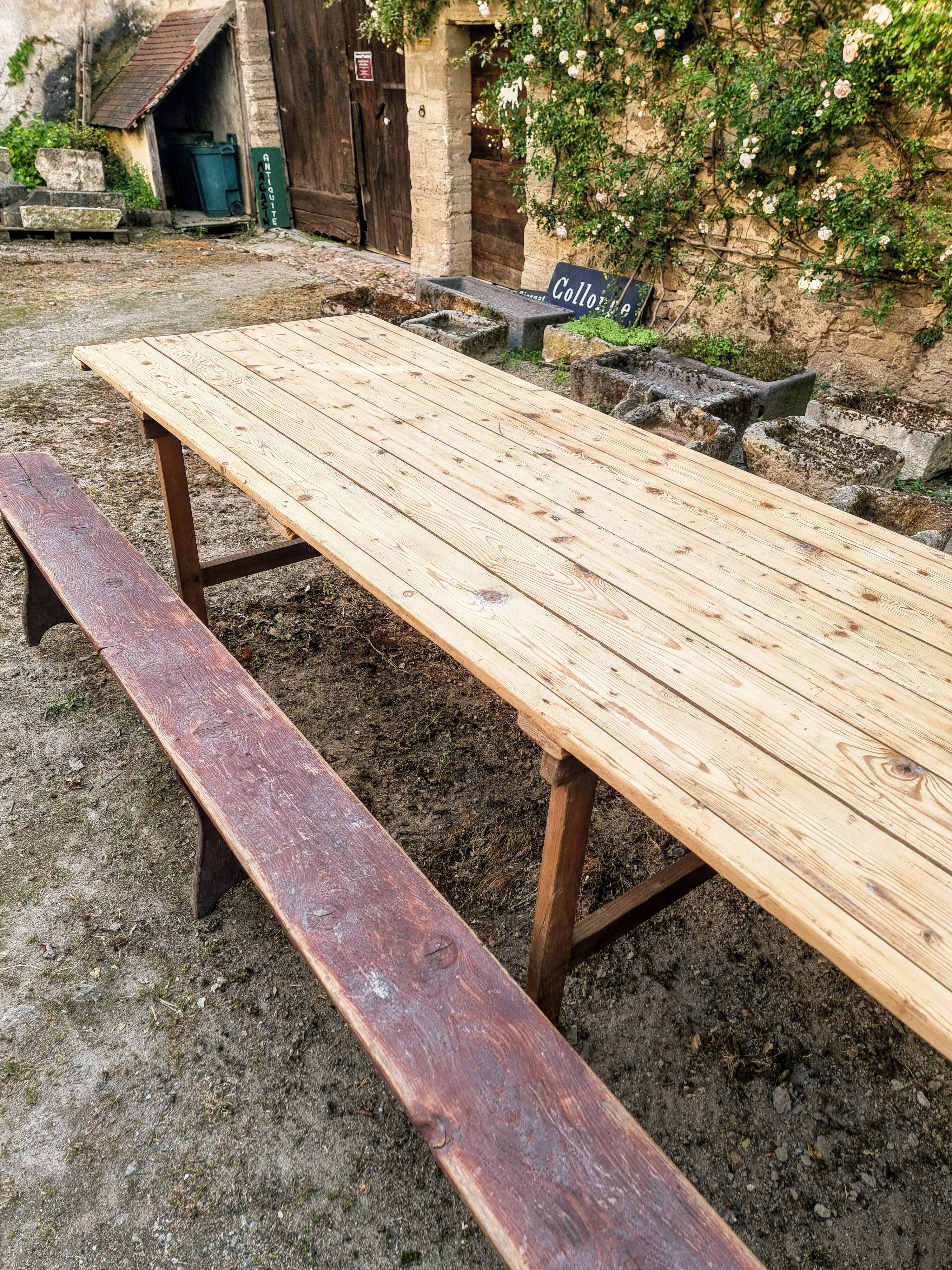 French antique garden dining table – XXL wine table with benches