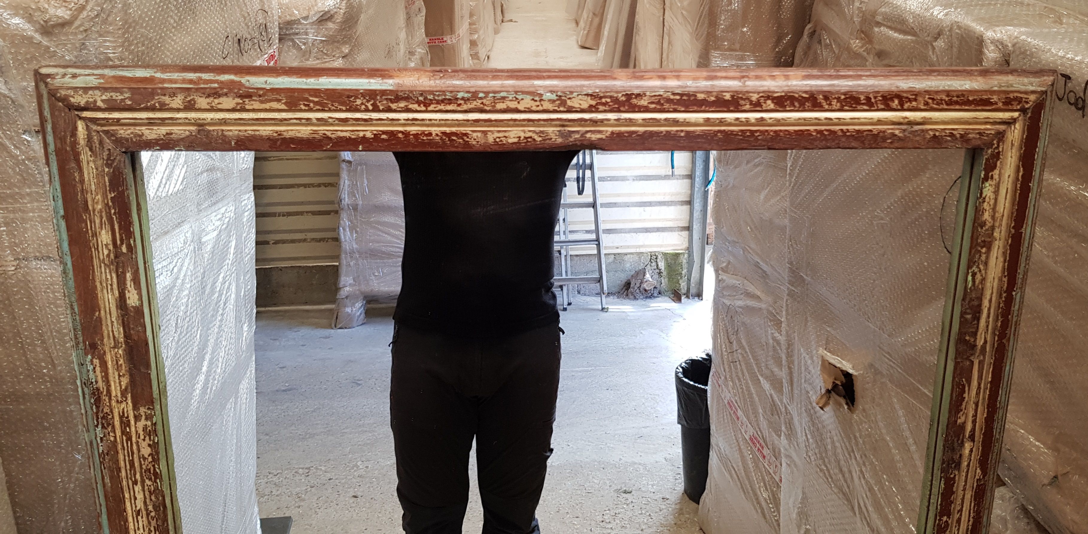 Old Burmese teak mirror with beautiful blue polychromy & original ecru 89x149cm