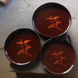 Set of 3 round plastic trays in Chinese lacquer style with crane bird motifs