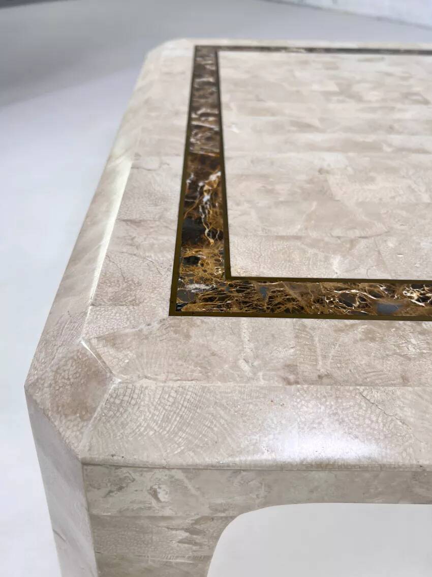 Square coffee table from the 70s - 80s in stone and brass marquetry