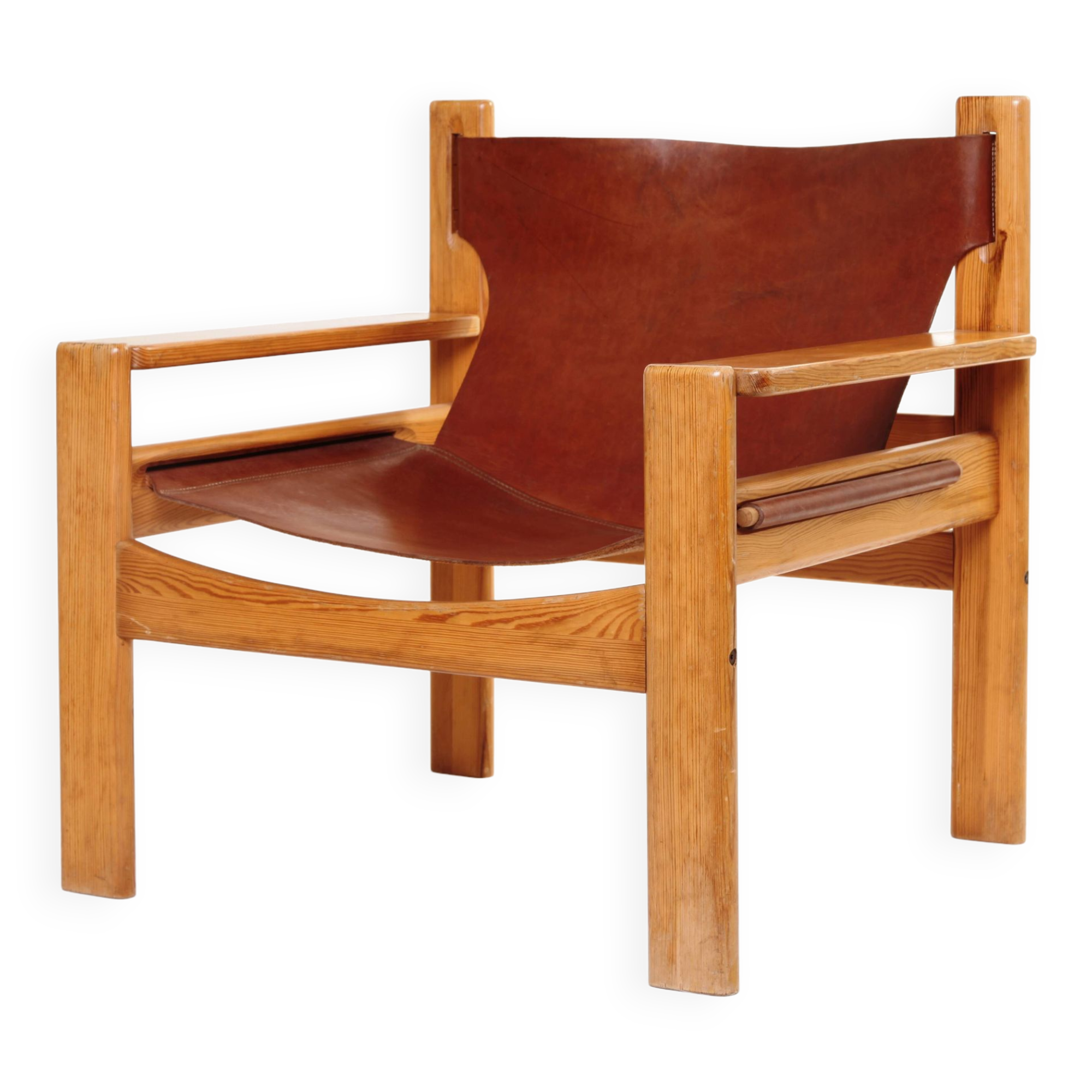 1960s armchair tan saddle leather pine wood swedish