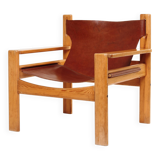 1960s armchair tan saddle leather pine wood swedish