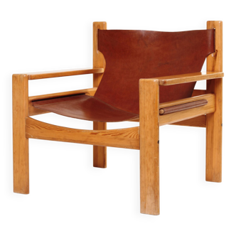 1960s armchair tan saddle leather pine wood swedish