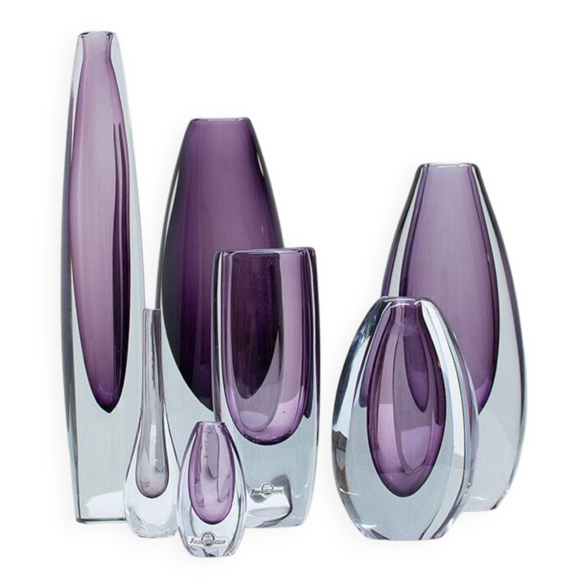 Group of 7 glass "Sommerso" vases by Strömbergshyttan, Sweden