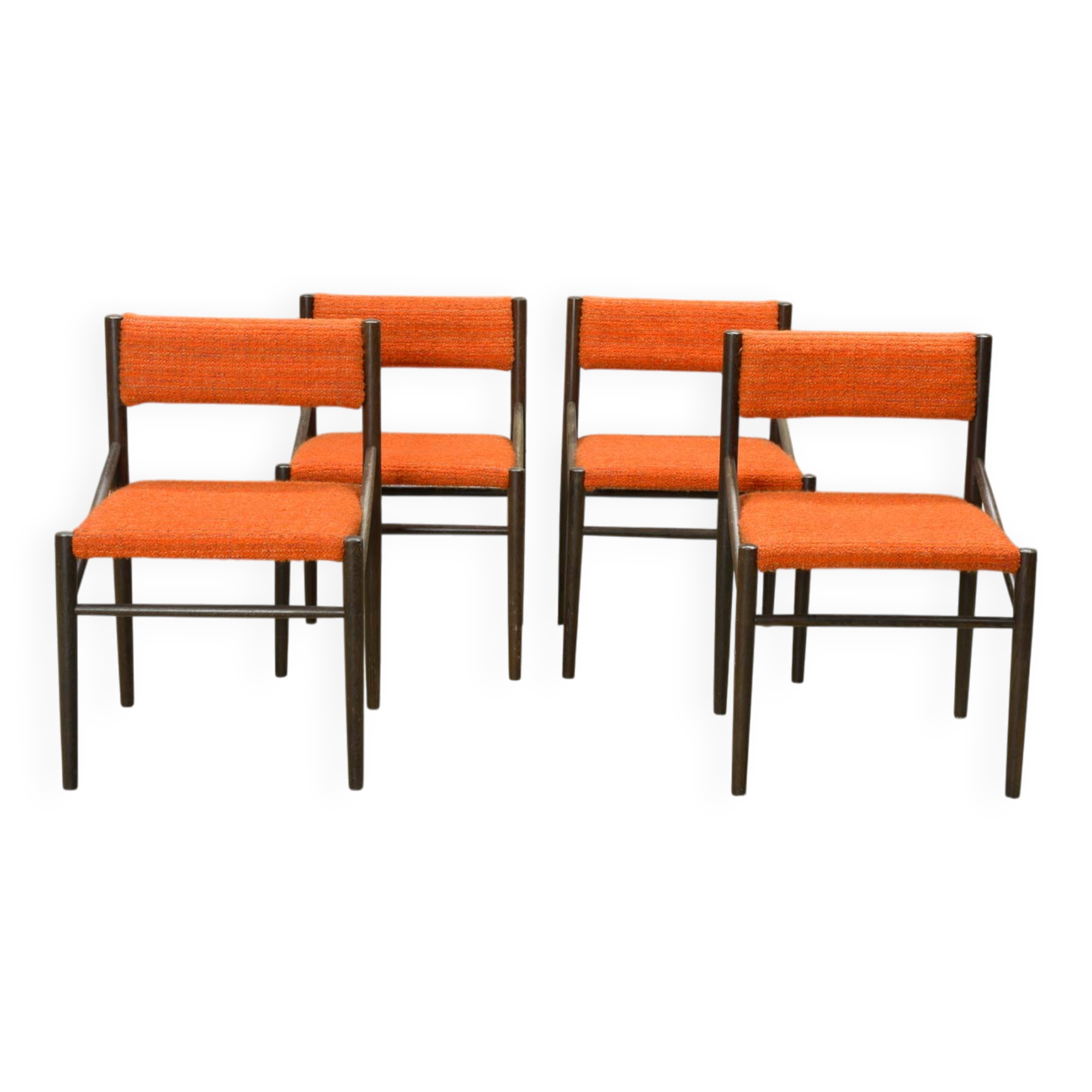 4 Wengé Wooden Dining Chairs with Orange Bouclé Fabric Upholstery 1960s