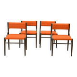 4 Wengé Wooden Dining Chairs with Orange Bouclé Fabric Upholstery 1960s