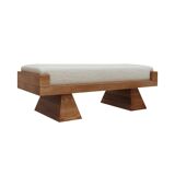 Brutalist Style Bench with Solid Oak Pyramid Bases and Ivory Bouclé Upholstery