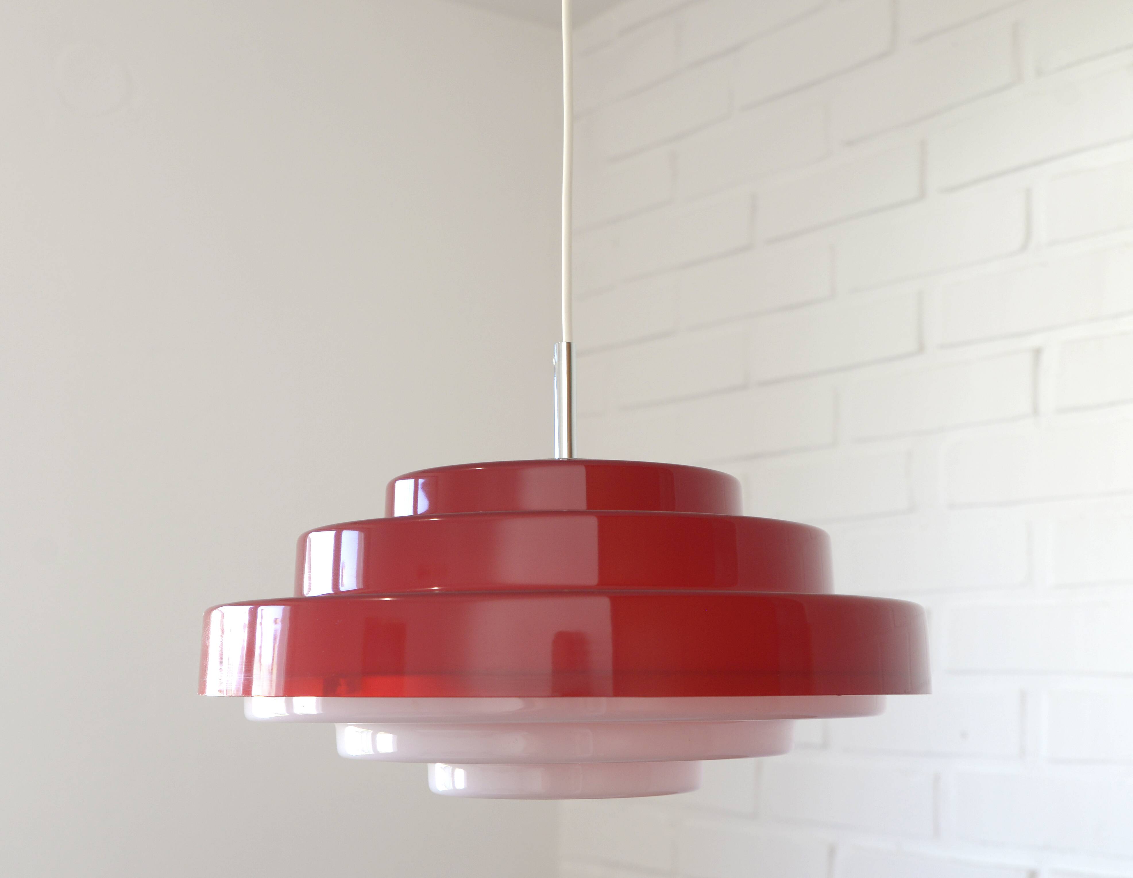 Vintage Scandinavian Design Hanging Lamp / Red Plastic Pendant Light 1970's