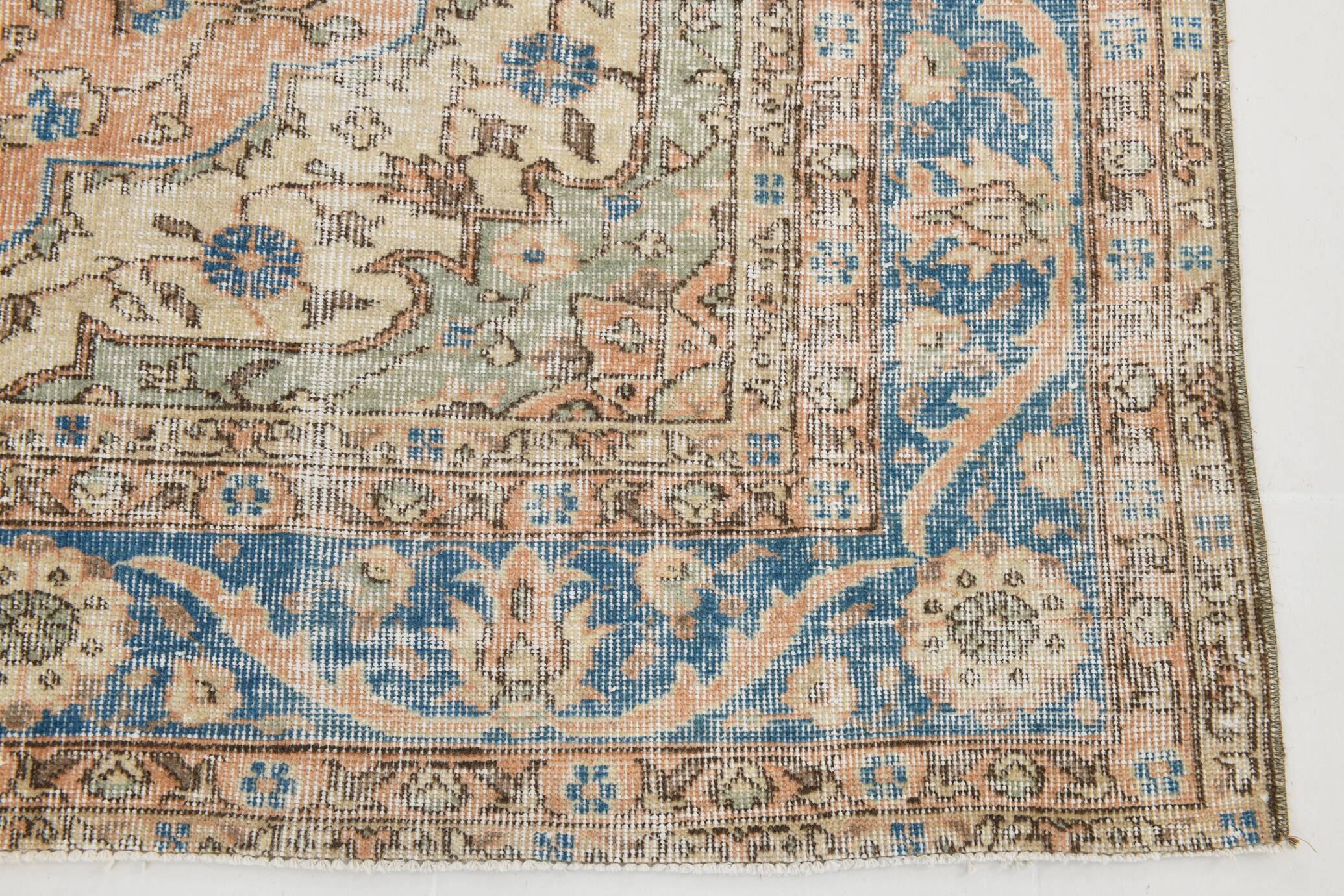 Soft Peach & Blue Oushak Vintage Rug, Made in Anatolian, 220x304 Cm