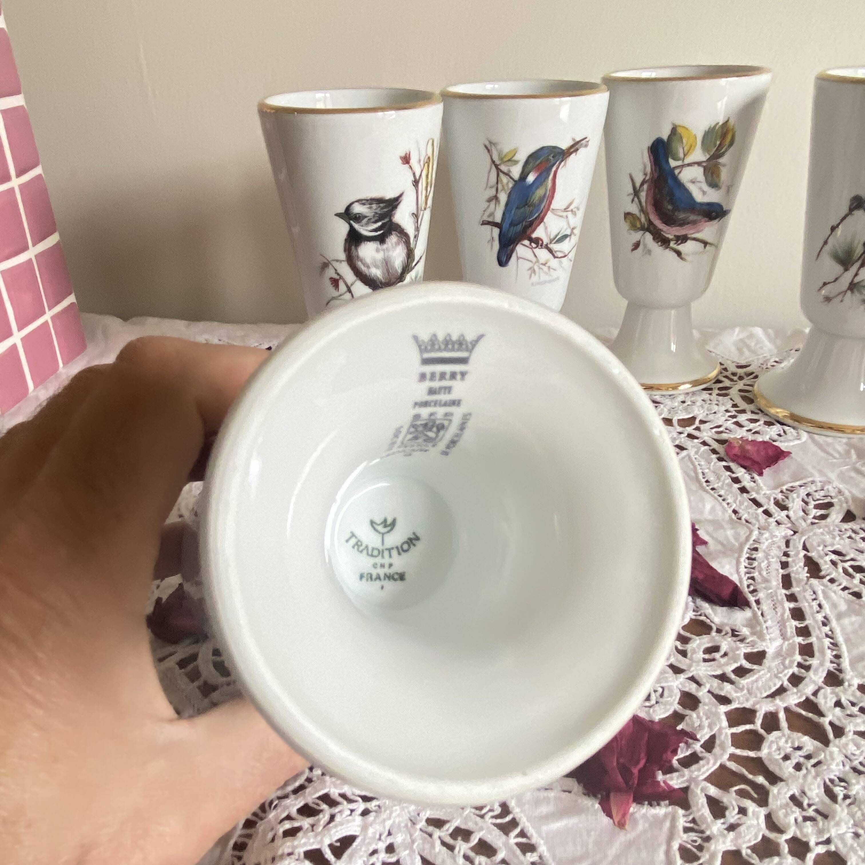 Set of 6 Mazagrans Birds Coffee Cup Mug Porcelain Limoges