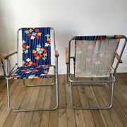 Pair of vintage camping chairs floral and wood fabrics 70s