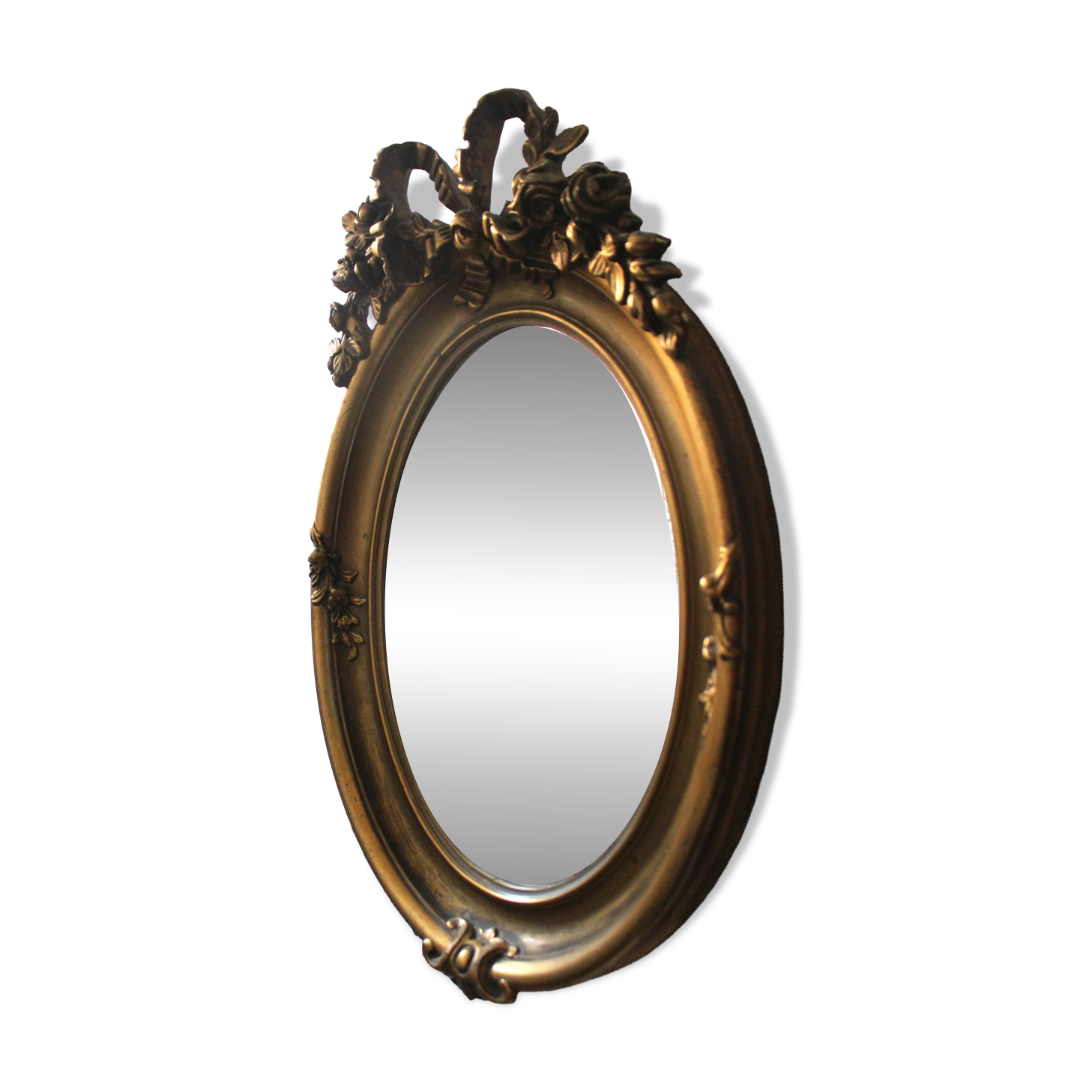 Golden Oval Mirror with Bow and Roses Decor