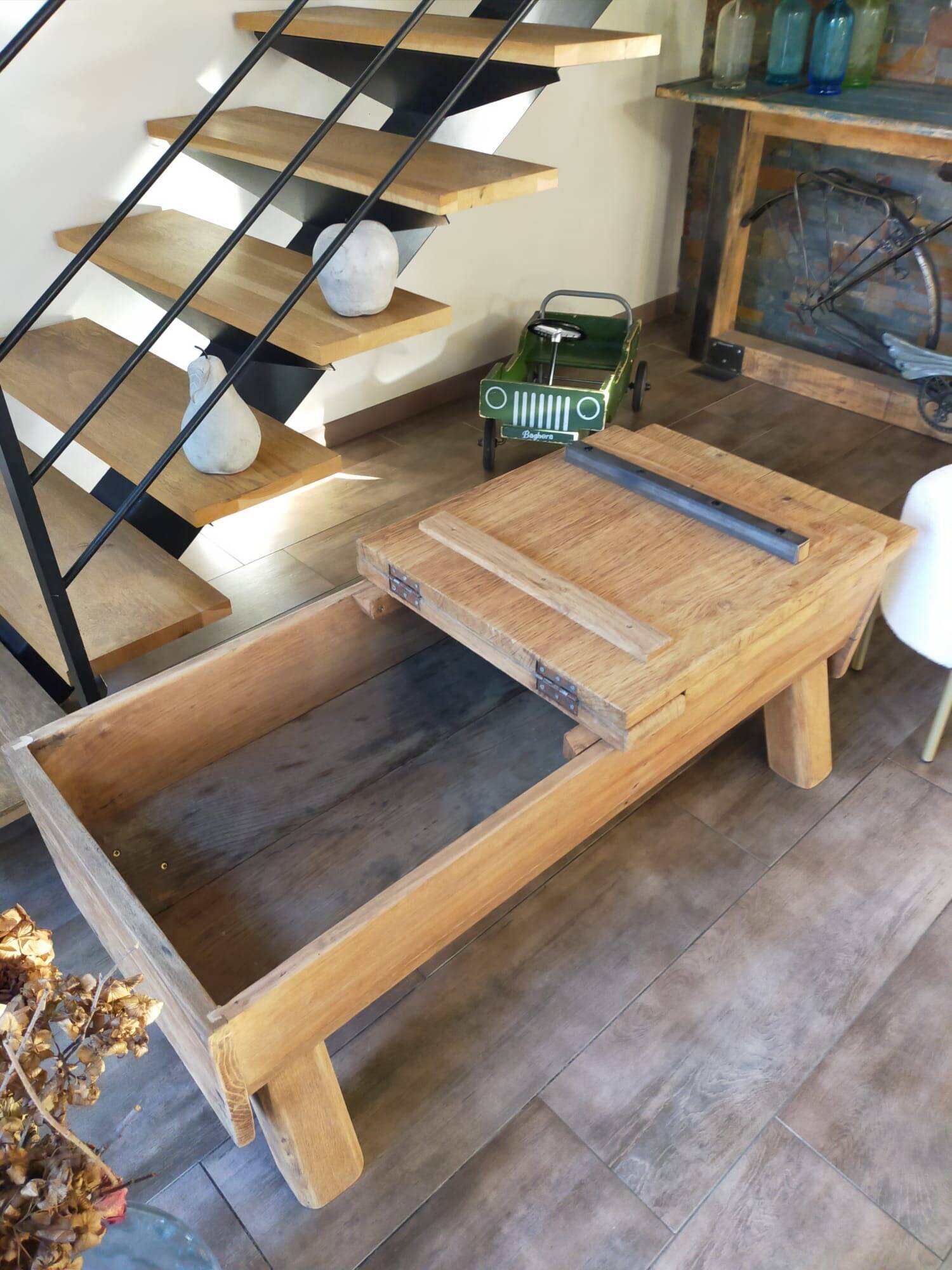 Solid wood coffee table with antique chest