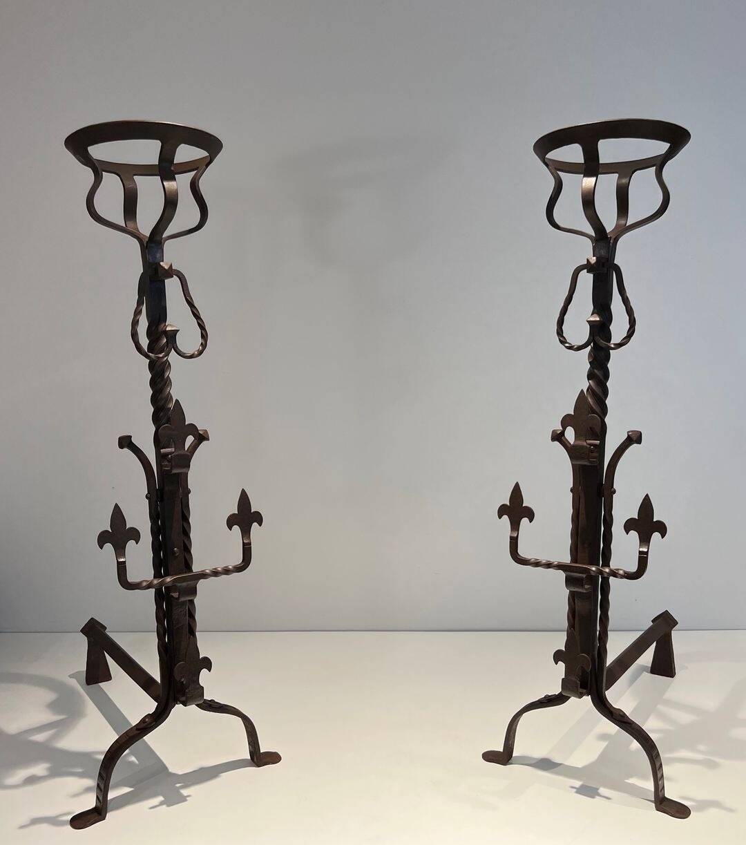 Important Pair of Gothic Wrought Iron Andirons with Fleur-de-Lis