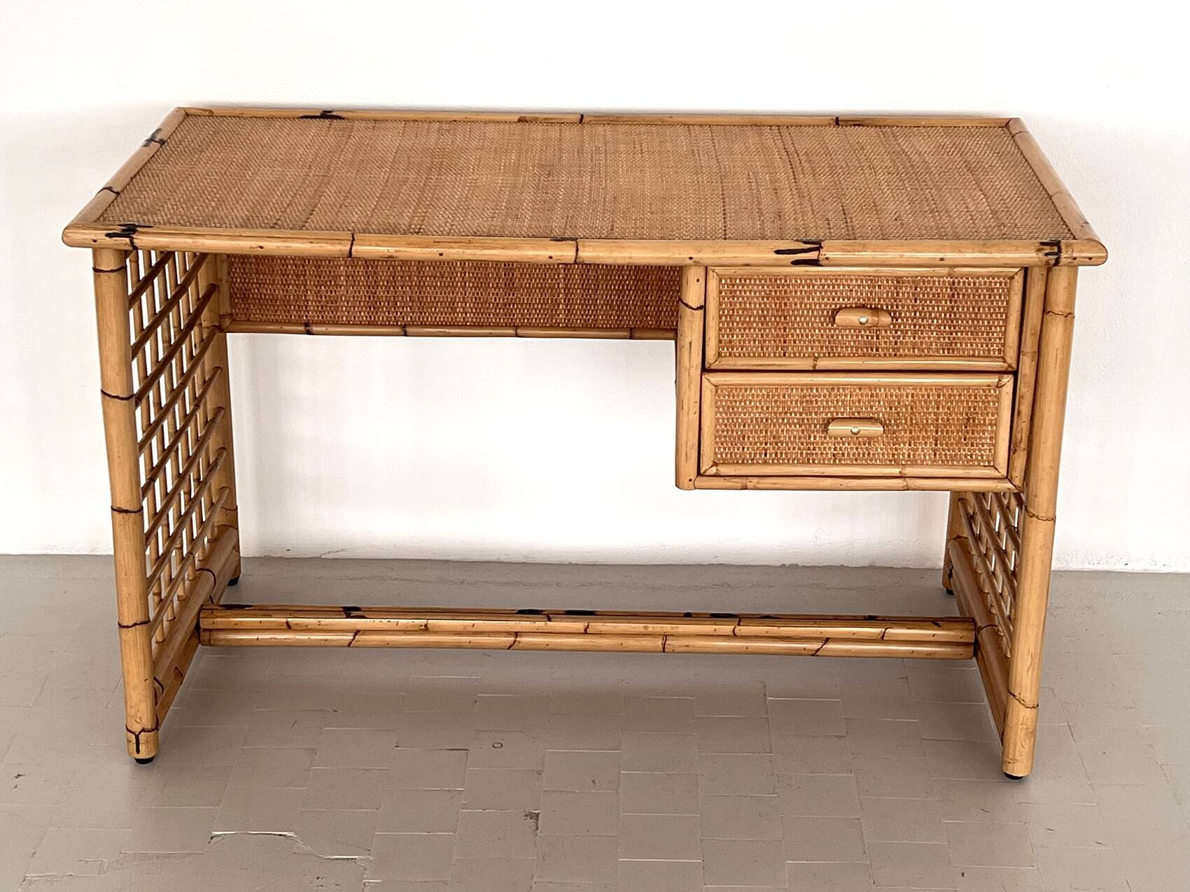 Italian Bamboo and Rattan Desk or Vanity with two Drawers, 1970s