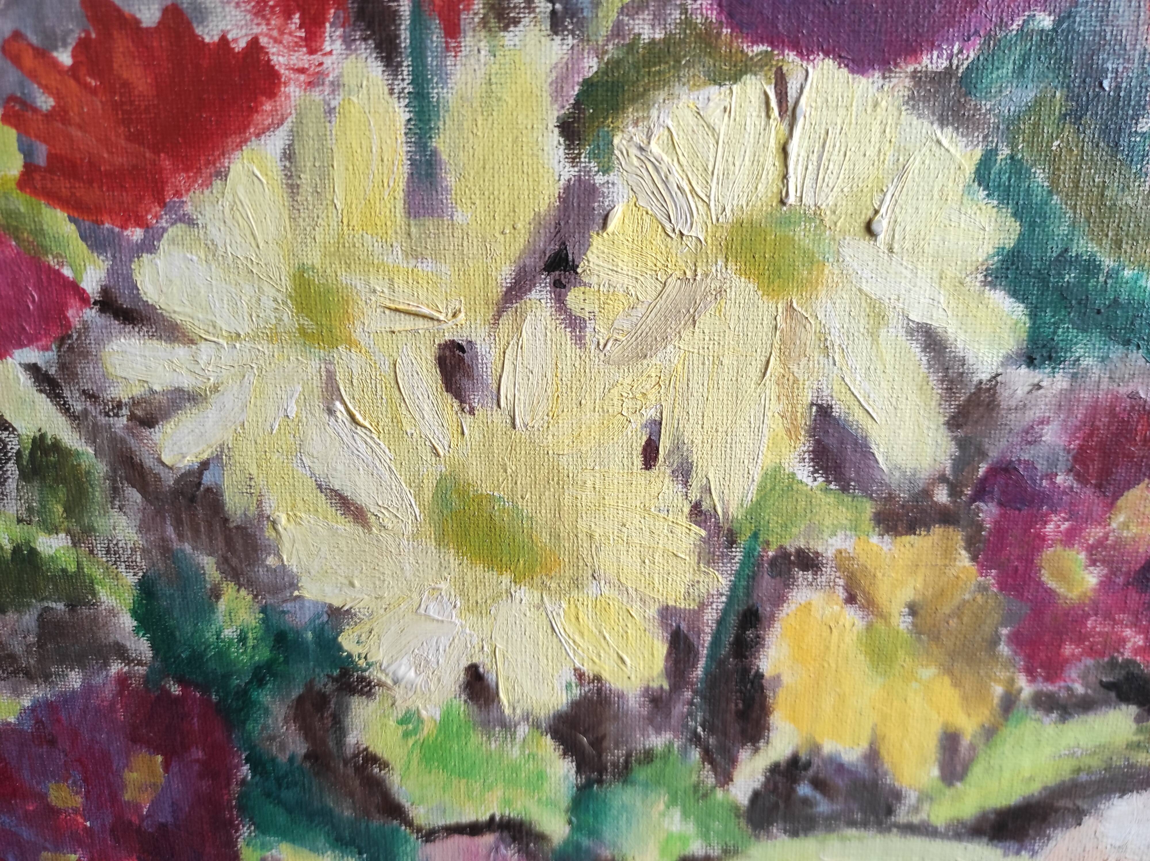 Vintage French oil painting of flowers, signed Renée