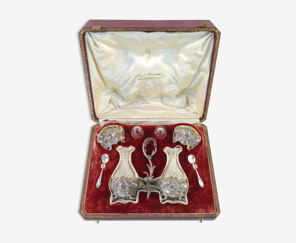 Coffret huilier vinaigrier et salerons en argent massif 19eme folliot charles