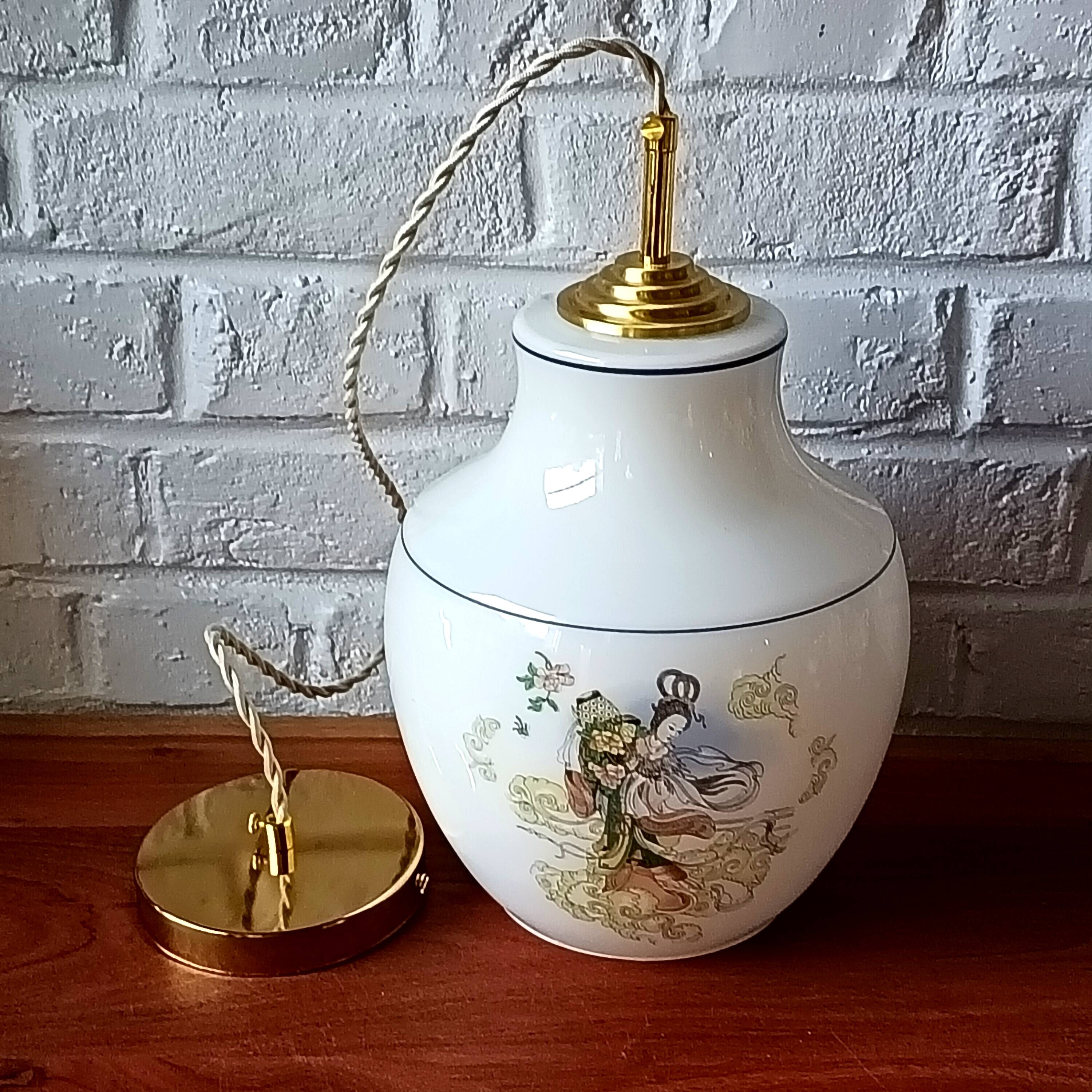 Vintage opaline glass pendant, multicoloured geisha patterns 1960, Anouck
