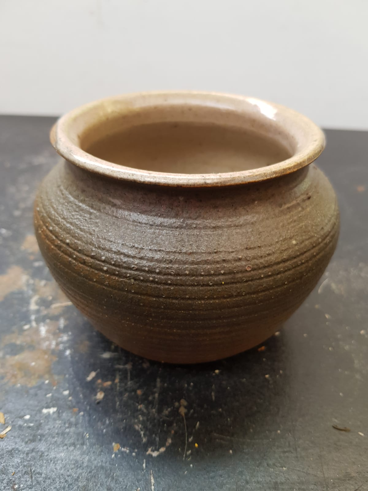 Old Vase SOULAINES DHUYS.  Signed ROYER.  Vase in Enamelled Sandstone.  Color Brown Beige Diameter at